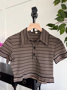 Vintage FENDI Mare Striped Knit Polo Cropped Top Black Beige IT 42